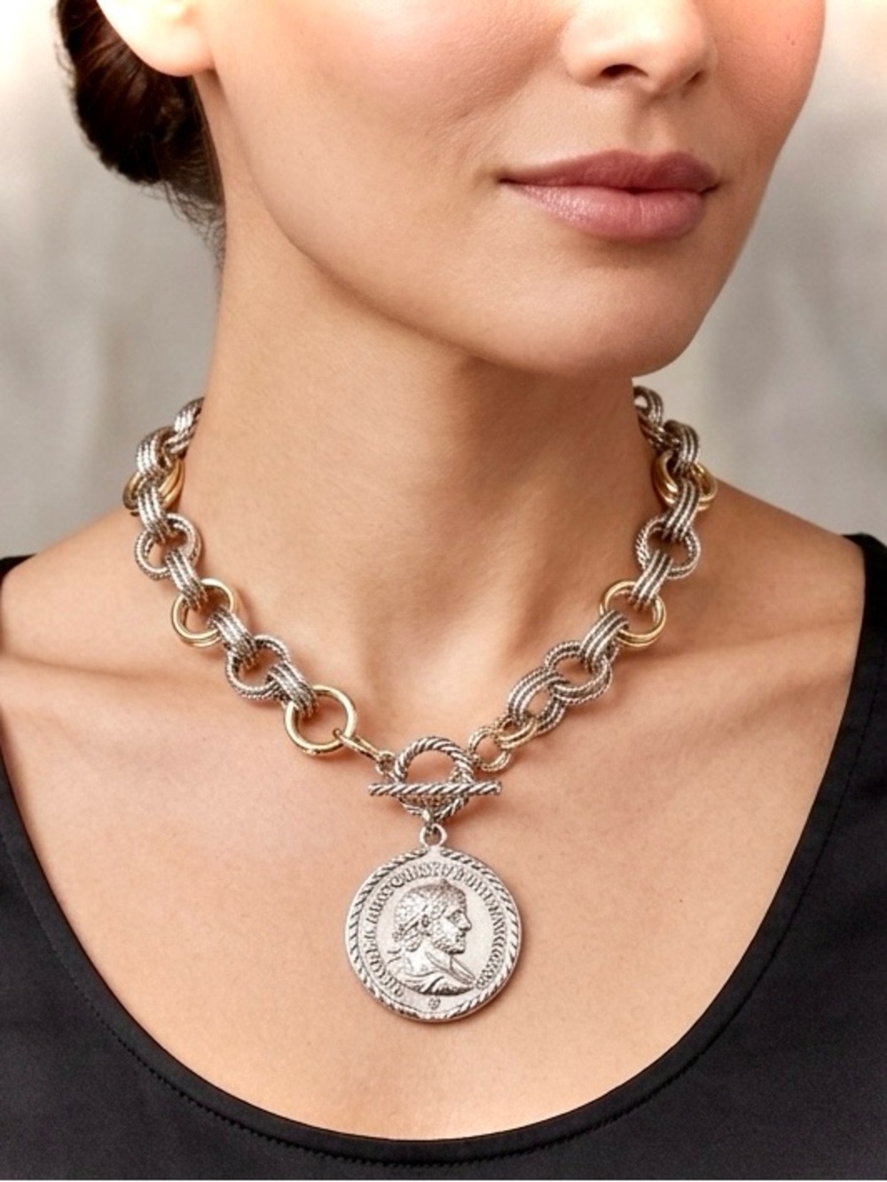NWT Two-Tone Silver and Gold Coin Pendant Necklace
